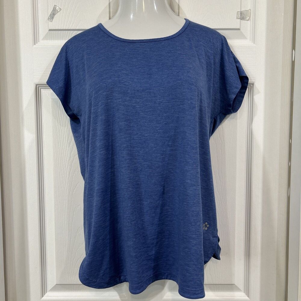 Tuff Athletics Workout Top Keyhole Cap Sleeve Stretch Knit Blue Women L T Shirt